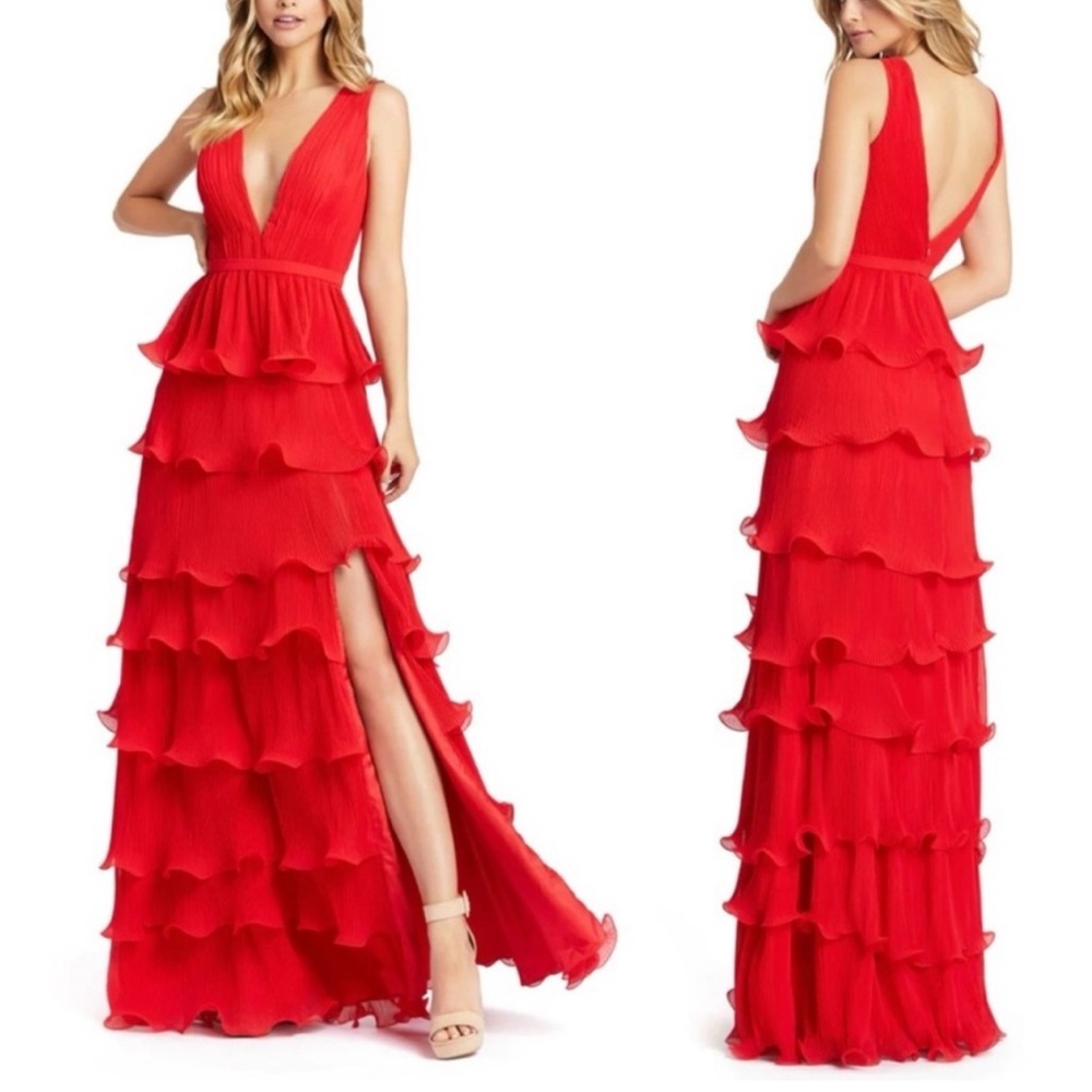 IEENA For Mac Duggal Red Sleeveless Ruffle Tiered V Neck
Gown - Reemoly